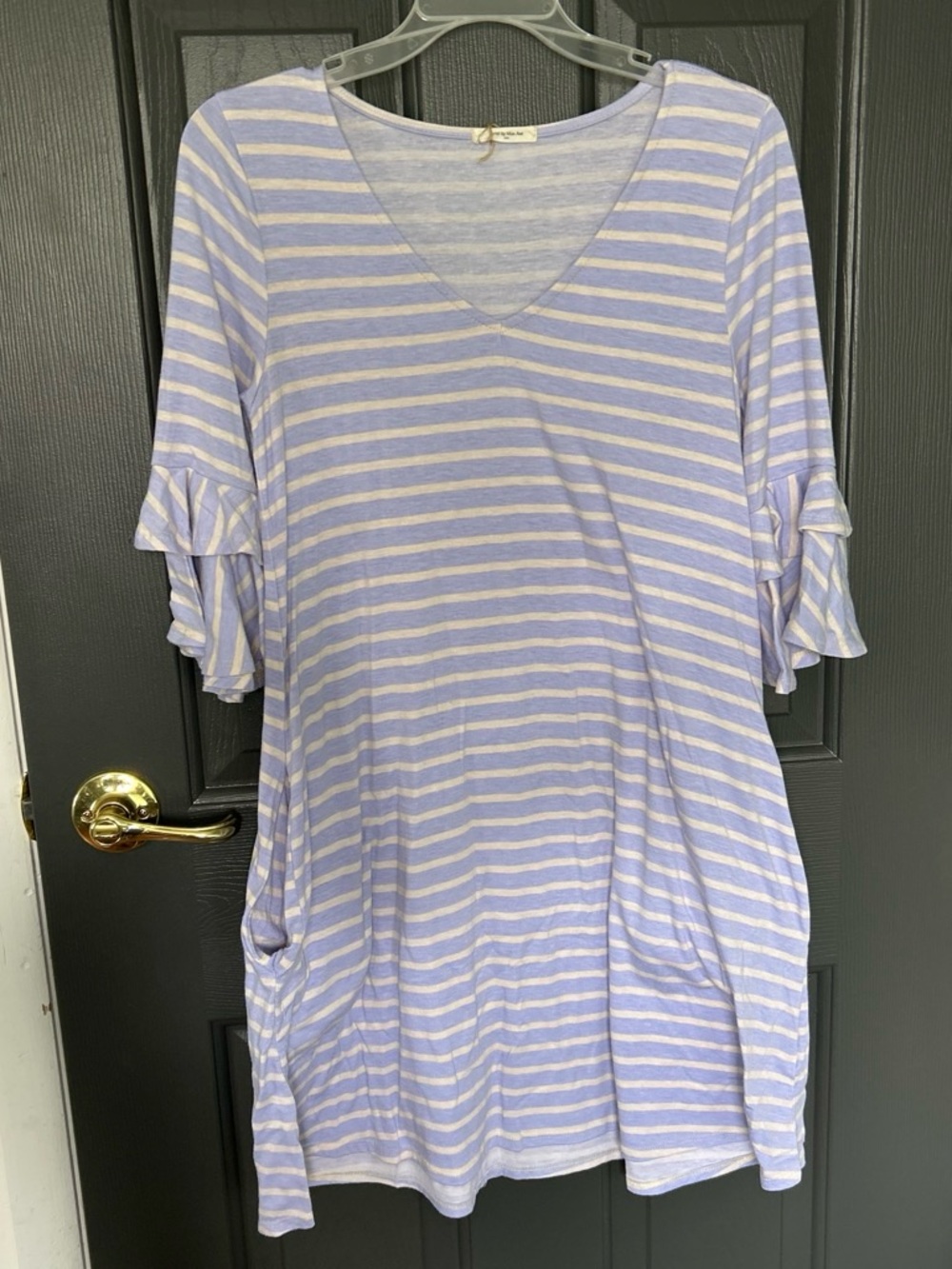 Lavender & White Striped V-Neck Ruffle Sleeve Mini Dress